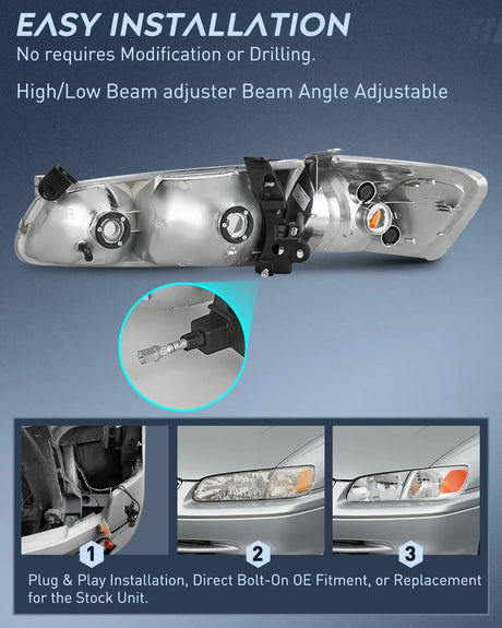 2000 2001 Toyota Camry Headlight Assembly Chrome Housing Amber Reflector Nilight