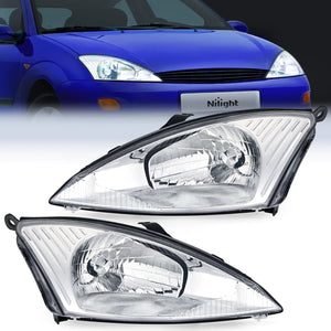 2000 2001 2002 2003 2004 Ford Focus Headlight Assembly Chrome Housing Clear Reflector Upgraded Clear Lens