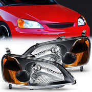 2001 2002 2003 Honda Civic Headlight Assembly Black Case Amber Reflector Clear Lens