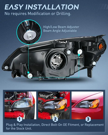 2001-2003 Honda Civic Headlight Assembly Black Case Amber Reflector Clear Lens Nilight