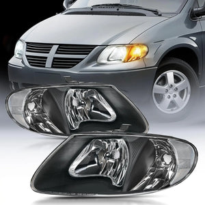 2001 2002 2003 2004 2005 2006 2007 Chrysler Town & Country 2001 2002 2003 Voyager 2001 2002 2003 2004 2005 2006 2007 Dodge Grand Caravan Headlight Assembly Black Case Clear Reflector