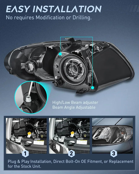 2001-2007 Chrysler Town & Country 2001-2003 Voyager 2001-2007 Dodge Grand Caravan Headlight Assembly Black Case Clear Reflector Nilight