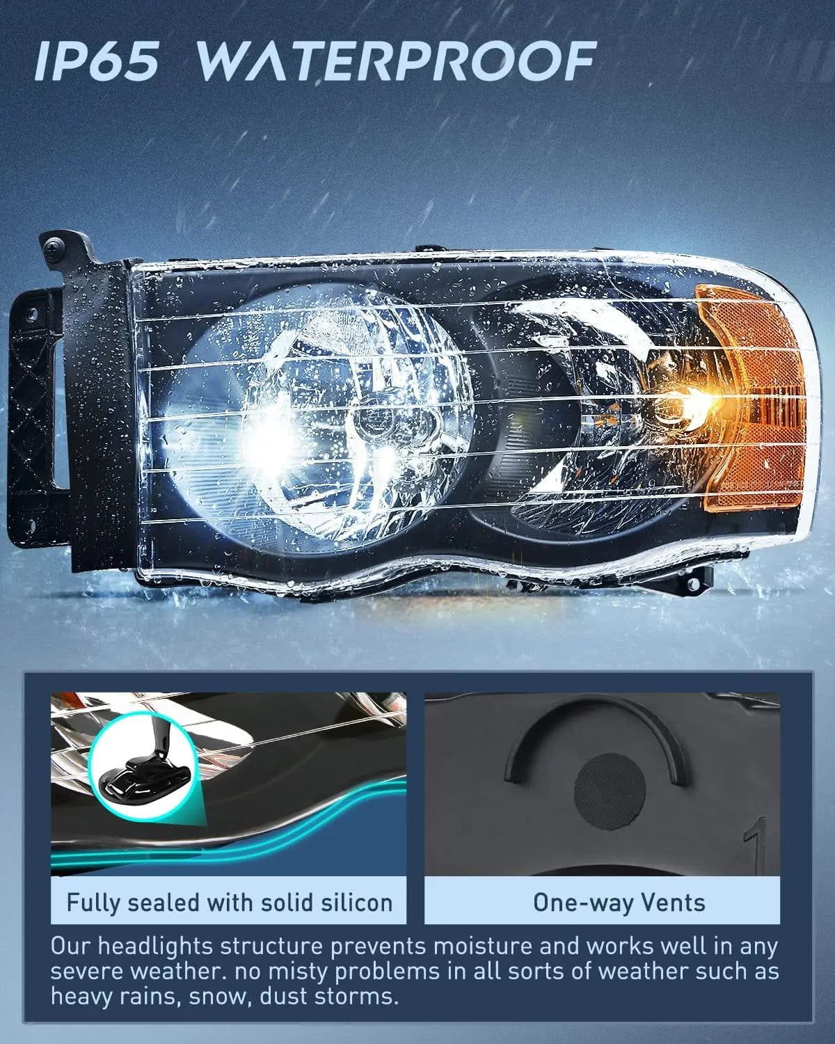 Headlight Assembly 2002-2005 Ram 1500 2500 3500 Headlight Assembly Black Case Amber Reflector