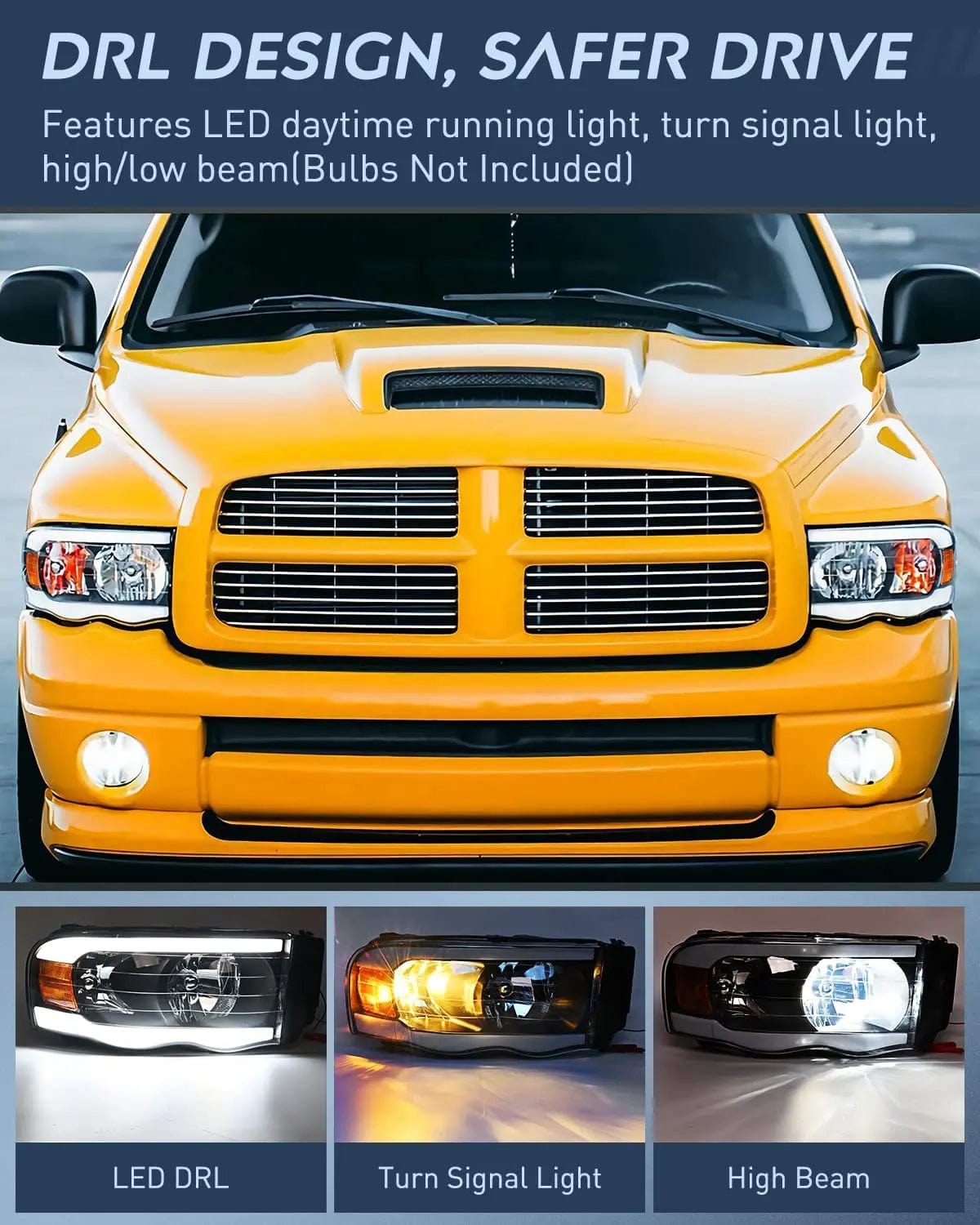 2002-2005 Dodge Ram 1500/2003-2005 Dodge Ram 2500 3500 Headlight Assembly Black Case Amber Reflector Nilight