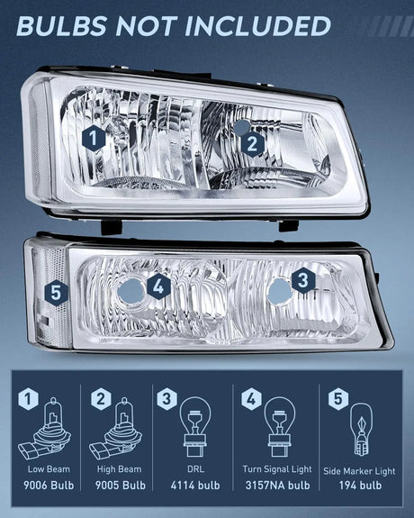 2003-2006 Chevy Silverado 1500 1500HD 2500 2500HD 3500 2007 Chevy Silverado 1500 2500 3500 Classic OE Style Chrome Housing Clear Reflector Headlight Taillight Assembly Nilight