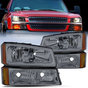 2003 2004 2005 2006 Chevy Silverado 1500 1500HD 2500 2500HD Headlight Assembly Chrome Case Amber Reflector Smoke Lens
