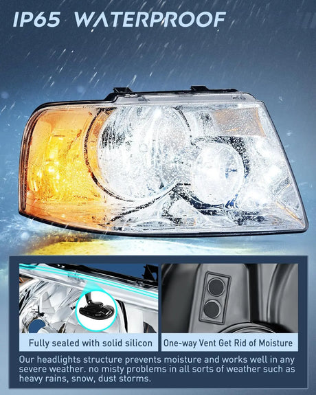 2003-2006 Ford Expedition Headlight Assembly Chrome Housing Clear Reflector Clear Lens Nilight