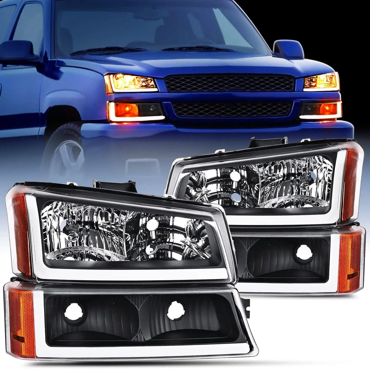 2003-2007 Chevy Silverado Avalanche 1500 2500 3500 Headlight Assembly Black Case Amber Reflector DRL Nilight