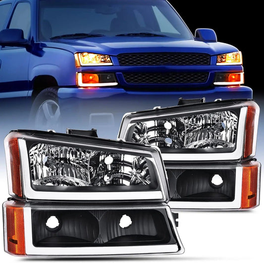 2003-2007 Chevy Silverado Avalanche 1500 2500 3500 Headlight Assembly Black Case Amber Reflector DRL Nilight