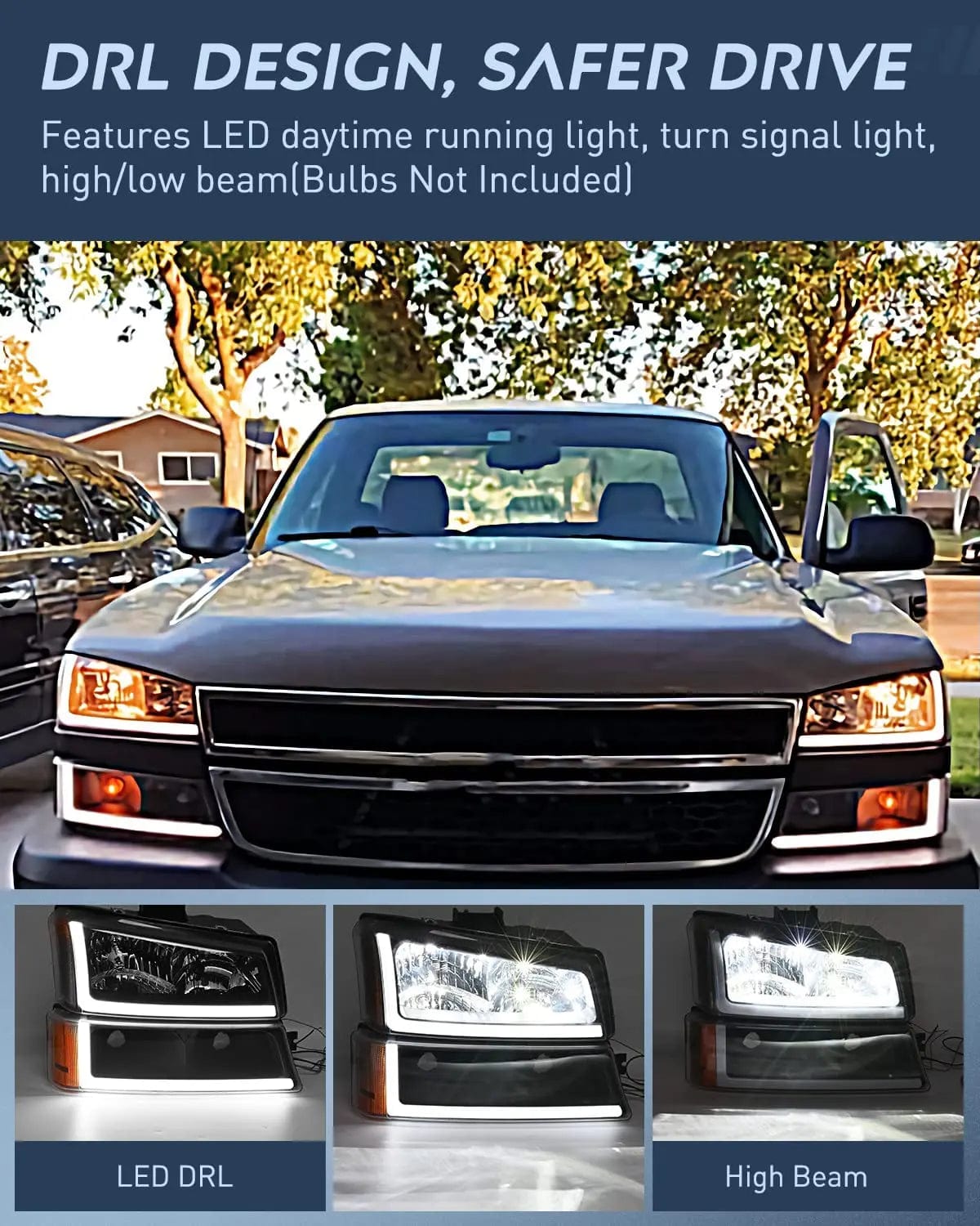 2003-2007 Chevy Silverado Avalanche 1500 2500 3500 Headlight Assembly Black Case Amber Reflector DRL Nilight