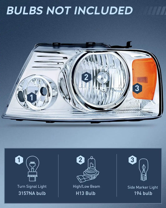Headlight Assembly 2004-2008 Ford F150 2006 Lincoln Mark LT Headlight Assembly Chrome Case Amber Reflector