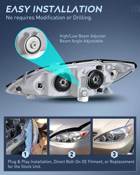 2005 2006 Toyota Camry LE XLE SE Headlight Assembly Chrome Case Amber Reflector Clear Lens Nilight