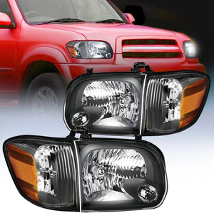 2005 2006 Toyota Tundra 4 Door Double Crew Cab 2005 2006 2007 Sequoia Headlight Assembly Black Case Amber Reflector