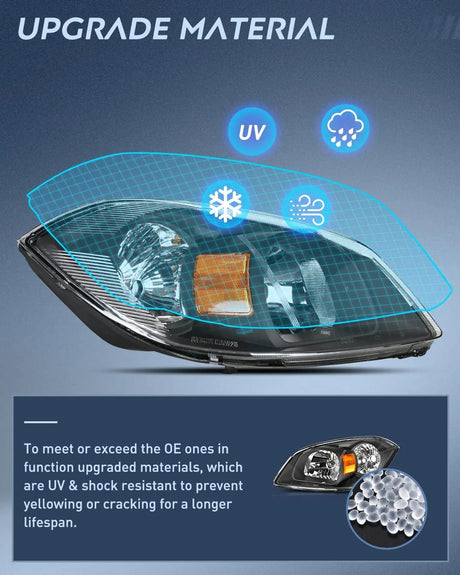 2005-2010 Chevy Cobalt 2005-2009 Pontiac Headlight Assembly Black Housing Amber Reflector Nilight