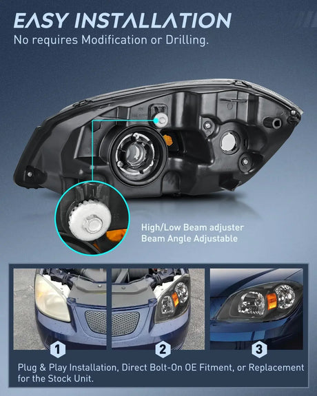 2005-2010 Chevy Cobalt 2005-2009 Pontiac Headlight Assembly Black Housing Amber Reflector Nilight