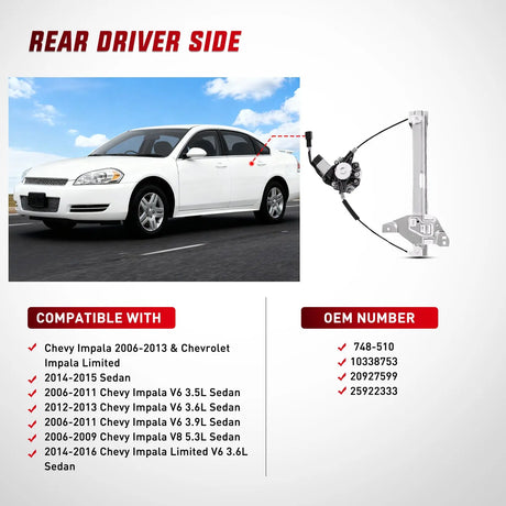 Window Regulator 2006 2007 2008 2009 2010 2011 2012 2013 Chevrolet Impala 2014 2015 2016 Impala Limited Rear Driver Side Power Window Regulator