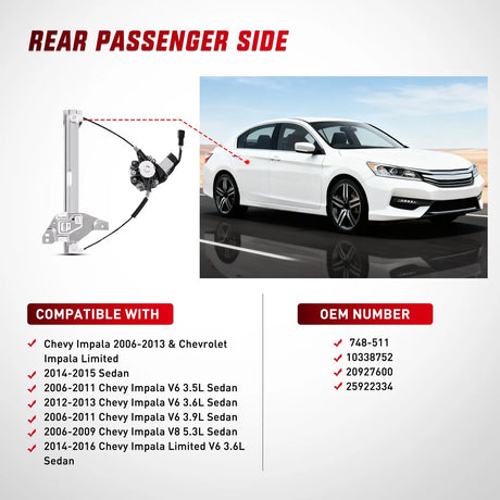 Window Regulator 2006 2007 2008 2009 2010 2011 2012 2013 Chevrolet Impala 2014 2015 2016 Impala Limited Rear Passenger Side Power Window Regulator