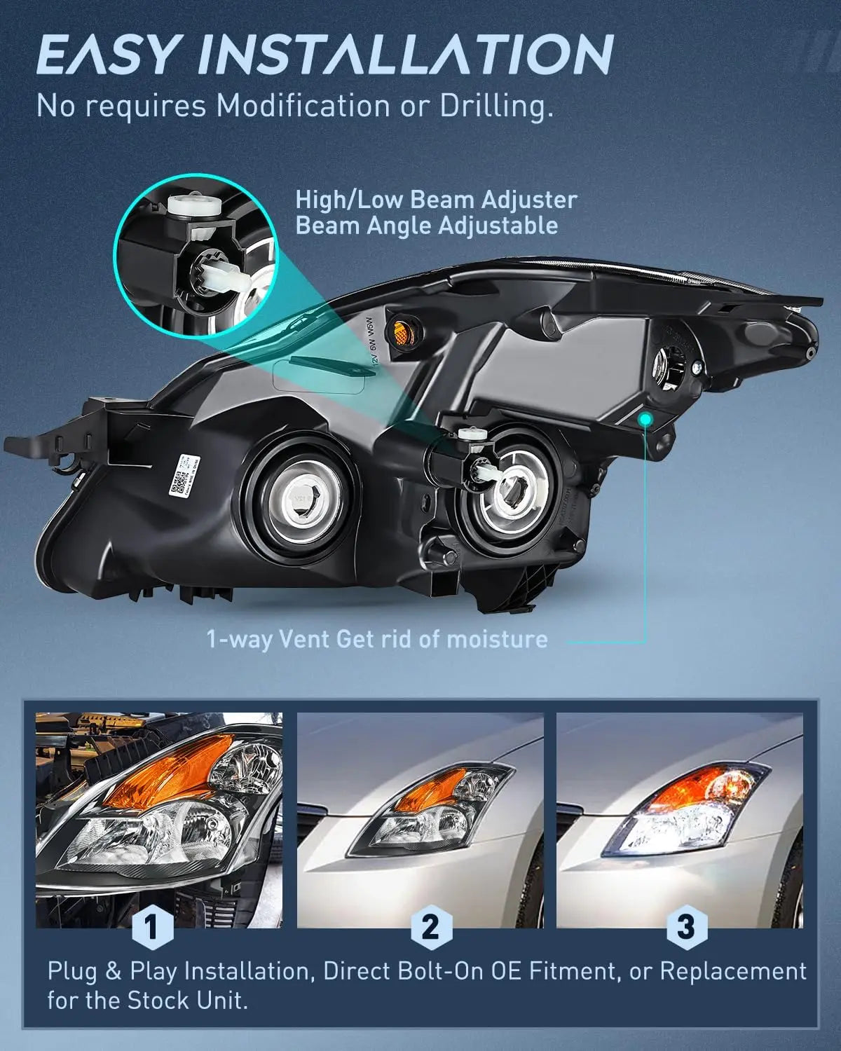 2007-2009 Nissan Altima 4Dr Sedan Headlight Assembly Black Housing Amber Reflector Clear Lens Nilight