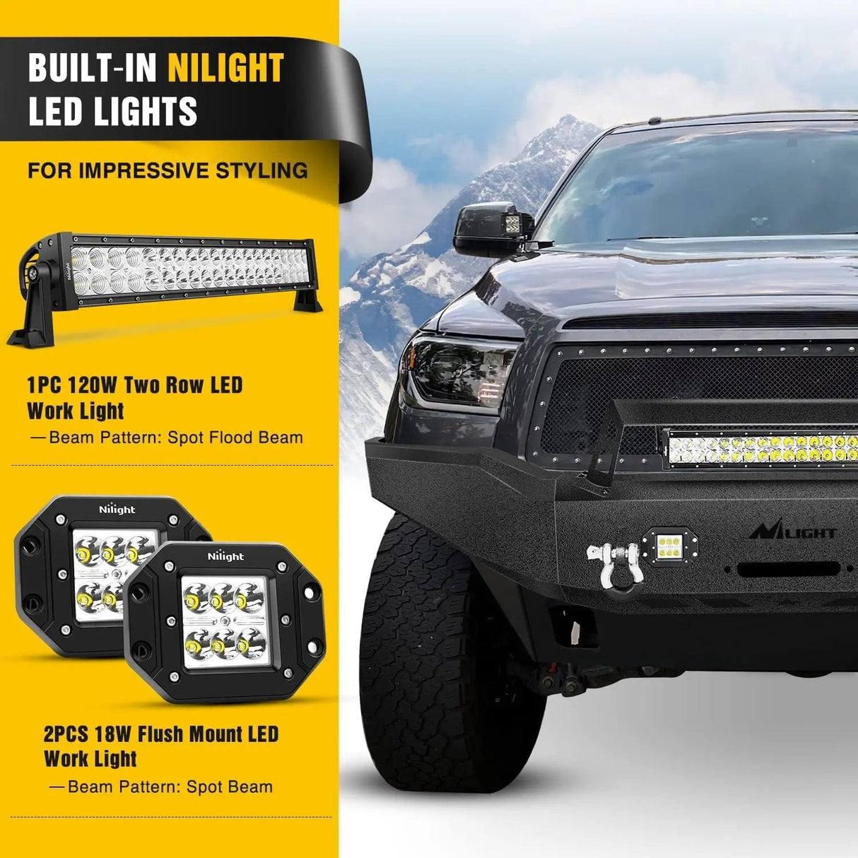 2007-2013 Toyota Tundra Front Bumper Full Width Solid Steel with Winch Plate 120W LED Light Bar 2Pcs 18W Light Pods Nilight