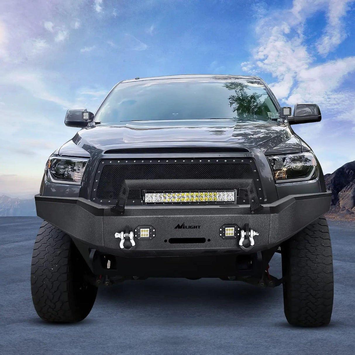 2007-2013 Toyota Tundra Front Bumper Full Width Solid Steel with Winch Plate 120W LED Light Bar 2Pcs 18W Light Pods Nilight