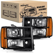 2007 2008 2009 2010 2011 2012 2013 2014 GMC Sierra 1500 2500 3500HD Headlight Assembly Black Case Amber Reflector