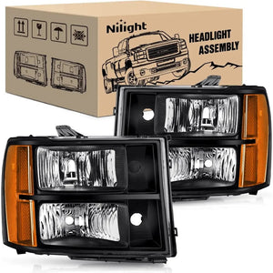 2007 2008 2009 2010 2011 2012 2013 2014 GMC Sierra 1500 2500 3500HD Headlight Assembly Black Case Amber Reflector