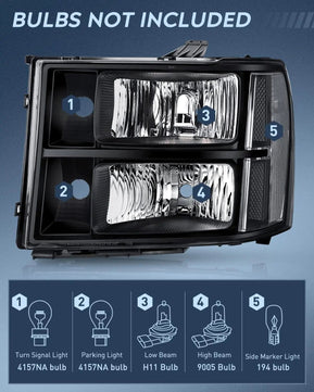 Headlight Assembly 2007-2014 GMC Sierra 1500 2500 3500HD Headlight Assembly Black Case Clear Reflector