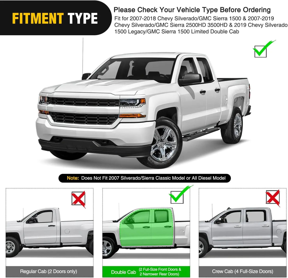 2007-2018 Chevy Silverado/GMC Sierra 1500 Double Extended Cab 2007-2019 Chevy Silverado/GMC Sierra 2500HD 3500HD 6 Inch Aluminum Side Step Nerf Bars Running Boards Nilight