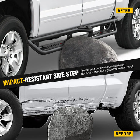 2007-2018 Chevy Silverado/GMC Sierra 1500 | 2007-2019 Chevy Silverado/GMC Sierra 2500HD 3500HD Extended Running Boards Dual-Stage Textured Powder Coated Side Step Nerf Bars Running Boards Nilight