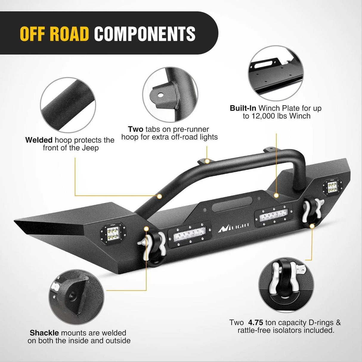 Jeep Bumper 2007-2018 Jeep Wrangler JK Front Rear Bumper Combo Rock Crawler with Hitch Receiver Upgraded LED Lights Off Road Textured Black