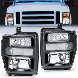 2008 2009 2010 Ford F250 F350 F450 Super Duty Headlight Assembly Black Housing Clear Reflector Clear Lens