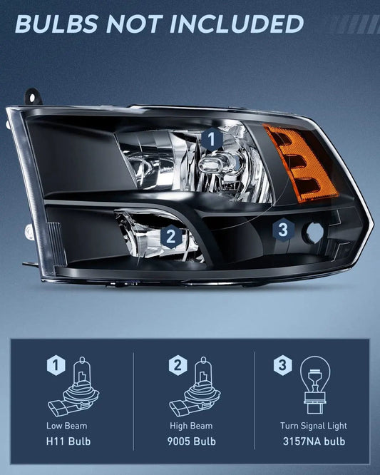 Headlight Assembly 2009-2018 Ram 1500 2500 3500 4500 5500 Headlight Assembly Black Case Amber Reflector