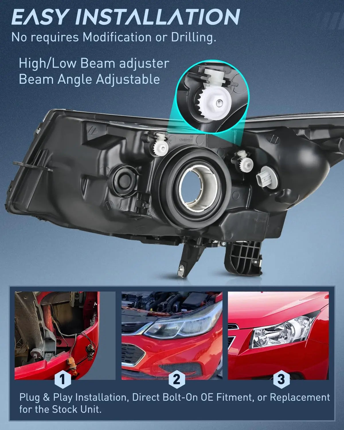 2011-2015 Chevy Cruze 2016 Cruze Limited Headlight Assembly Chrome Housing Clear Reflector Nilight