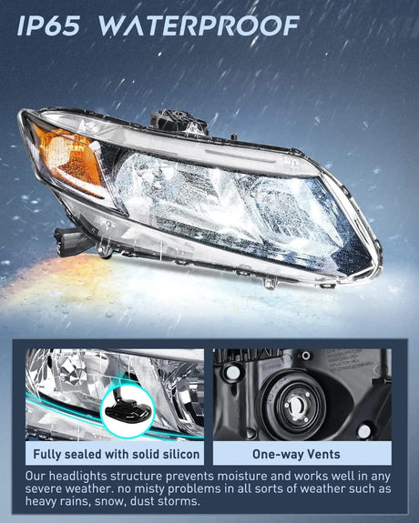 2012-2015 Honda Civic Sedan 4-Door 2012-2013 Civic Coupe 2-Door Headlight Assembly Black Case Amber Reflector Nilight