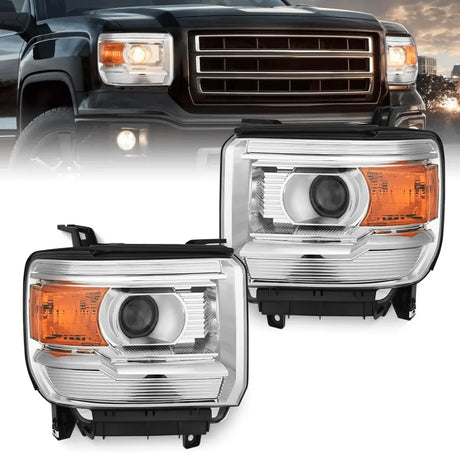 2014 2015 2016 2017 2018 GMC Sierra 1500 2500HD 3500HD Base Headlight Assembly Chrome Housing Amber Reflector Clear Lens Nilight