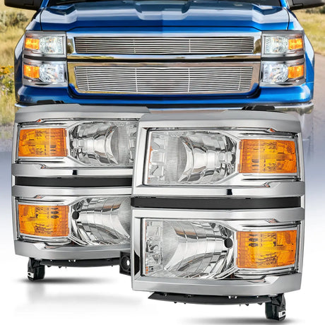 2014 2015 Chevy Silverado 1500 Headlight Assembly Chrome Housing Amber Reflector Nilight