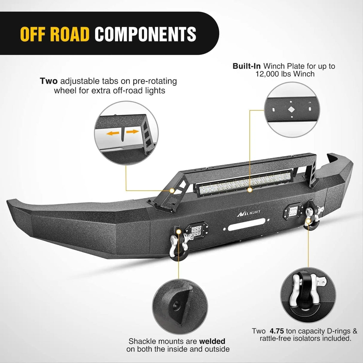 2014-2021 Toyota Tundra Front Bumper Full Width Steel with Winch Plate Offroad 120W Light Bar 18w LED Light Pods Nilight