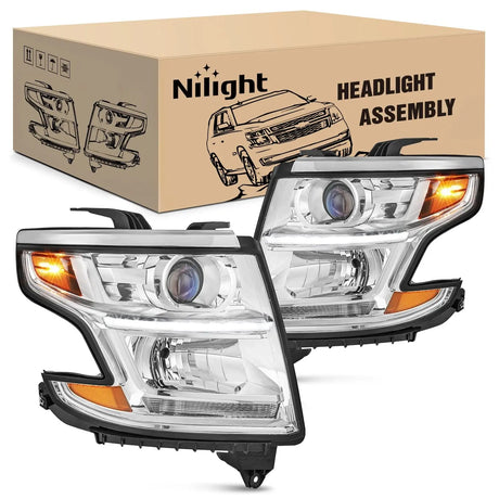 2015 2016 2017 2018 2019 2020 Chevy Tahoe Suburban Headlight Assembly Chrome Housing Amber Reflector Clear Lens Nilight