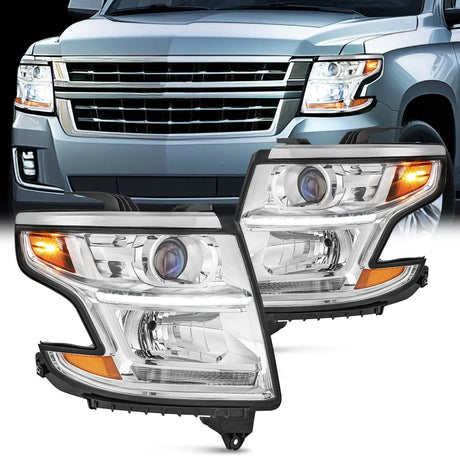 2015 2016 2017 2018 2019 2020 Chevy Tahoe Suburban Headlight Assembly Chrome Housing Amber Reflector Clear Lens Nilight