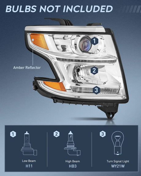 2015 2016 2017 2018 2019 2020 Chevy Tahoe Suburban Headlight Assembly Chrome Housing Amber Reflector Clear Lens Nilight