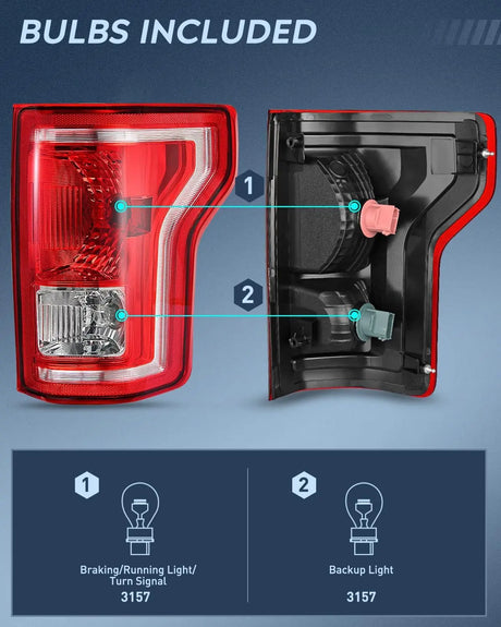 2015-2017 Ford F150 Taillight Assembly Rear Lamp Replacement OE Style Red Housing with Bulbs and Harness Passenger side Nilight