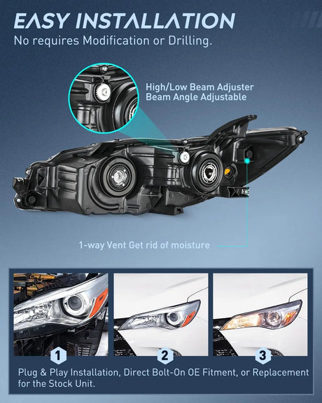 2015-2017 LE SE XLE Toyota Camry Headlight Assembly Chrome Housing Amber Reflector Clear Lens Nilight