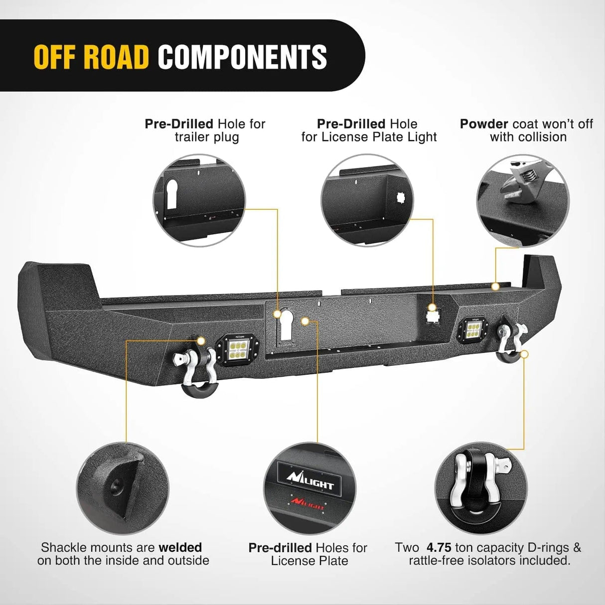 2016-2024 Toyota Tacoma Rear Step Bumper Full Width Textured Black Solid Steel Off-Road with 2Pcs Upgraded 18W LED Lights D-Rings Nilight