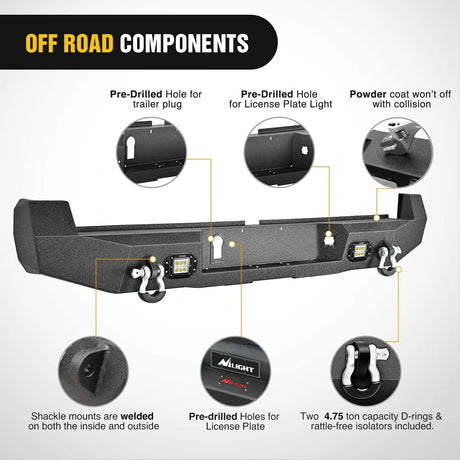 2016-2024 Toyota Tacoma Rear Step Bumper Full Width Textured Black Solid Steel Off-Road with 2Pcs Upgraded 18W LED Lights D-Rings Nilight