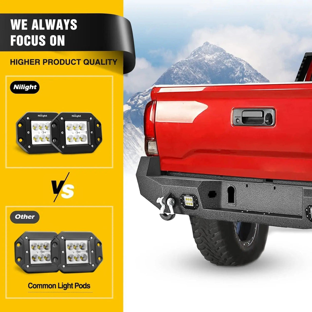 2016-2024 Toyota Tacoma Rear Step Bumper Full Width Textured Black Solid Steel Off-Road with 2Pcs Upgraded 18W LED Lights D-Rings Nilight