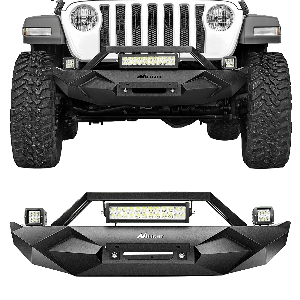 Front Bumper 2018-2023 Jeep Wrangler JL Front Bumper Winch Plate with 72W LED light bar 2Pcs 18W LED Work Light Pod License Plate Bracket