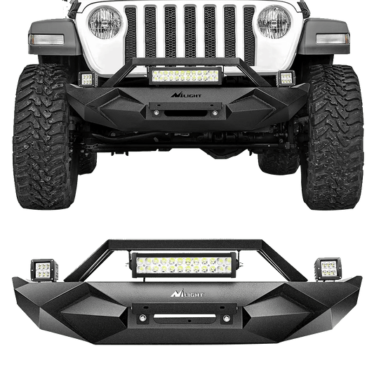 Front Bumper 2018-2023 Jeep Wrangler JL Front Bumper Winch Plate with 72W LED light bar 2Pcs 18W LED Work Light Pod License Plate Bracket