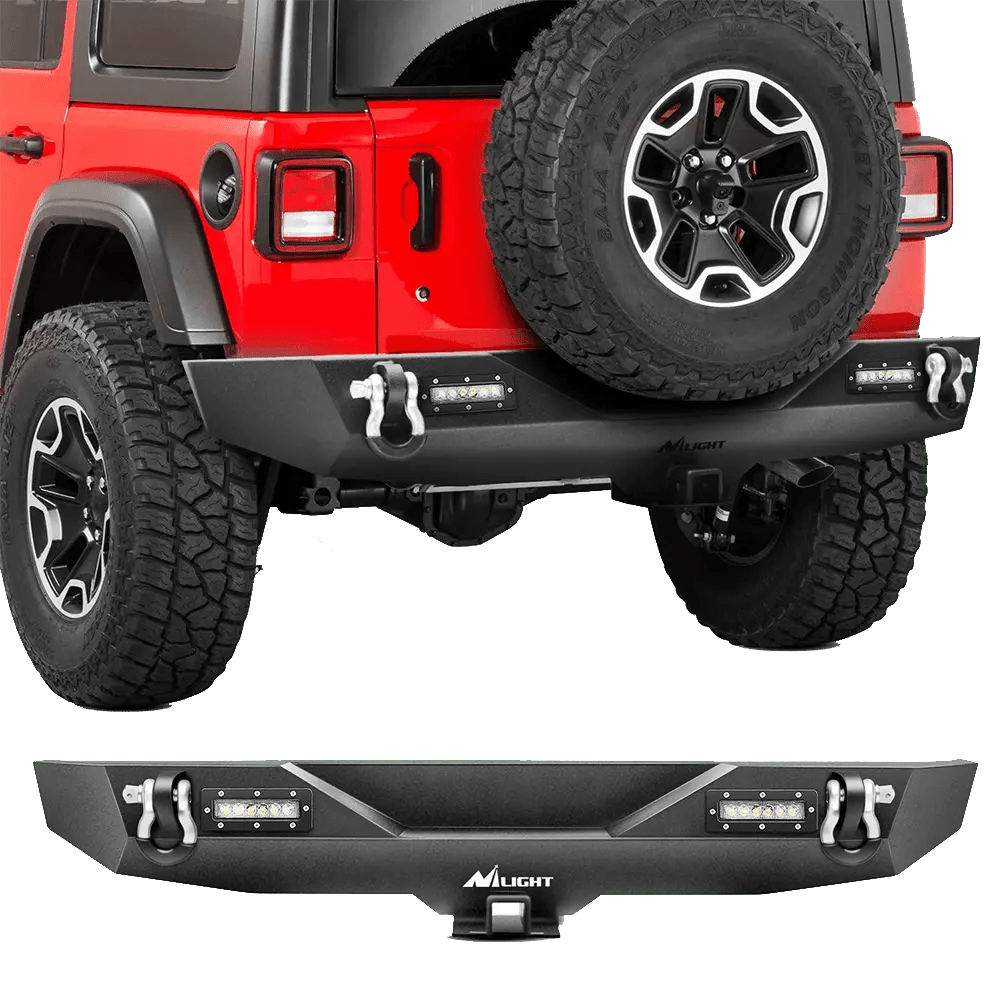 Rear Bumper 2018-2023 Jeep Wrangler JL Rear Bumper Rock Crawler Bumper with 2Pcs Hitch Receiver 2Pcs Upgraded 18W LED Lights D-Rings Textured Black