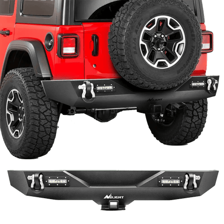 Rear Bumper 2018-2023 Jeep Wrangler JL Rear Bumper Rock Crawler Bumper with 2Pcs Hitch Receiver 2Pcs Upgraded 18W LED Lights D-Rings Textured Black
