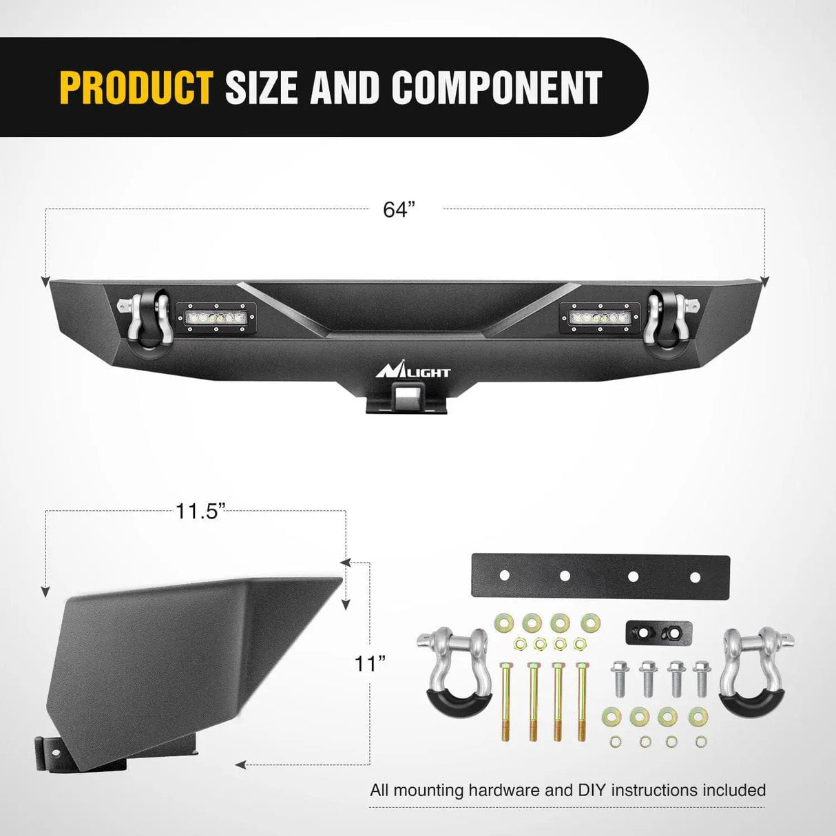 Rear Bumper 2018-2023 Jeep Wrangler JL Rear Bumper Rock Crawler Bumper with 2Pcs Hitch Receiver 2Pcs Upgraded 18W LED Lights D-Rings Textured Black